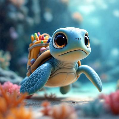 The primary subject of the image is a cartoon turtle with a backpack on its back. The turtle is walking on a beach, surrounded by a vibrant and colorful underwater environment. The visual style of the image is a digital art or illustration, with a playful and whimsical atmosphere. The colors and mood of the image are predominantly bright and cheerful, with a focus on the turtle's adventurous and fun-loving nature.